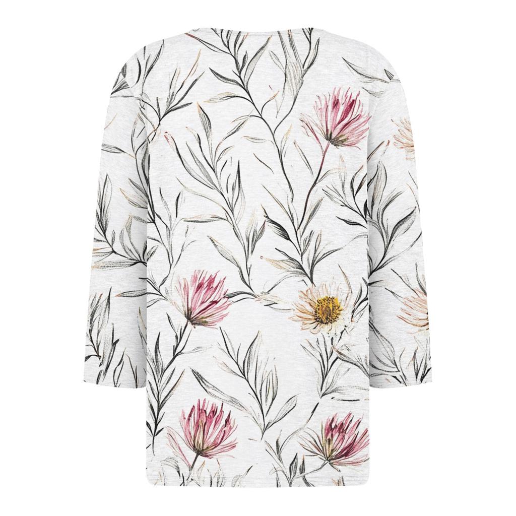 Women's Fashion Casual Floral Print V-Neck Short Sleeve Decorative Button Three-quarter Sleeve T-Shirt Top