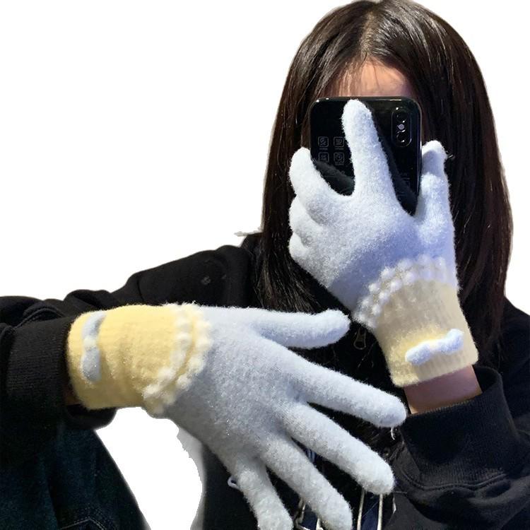 Newcomer Discount: Cute Blue Bow Knitted Plush Women's Gloves - Fall/Winter 2025