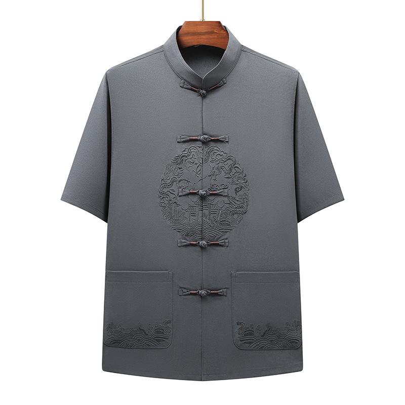 Men's Chinese Style Ice Silk Tang Suit: Two-Piece Summer Set with Short Sleeves and Long Pants for Middle-Aged and Elderly