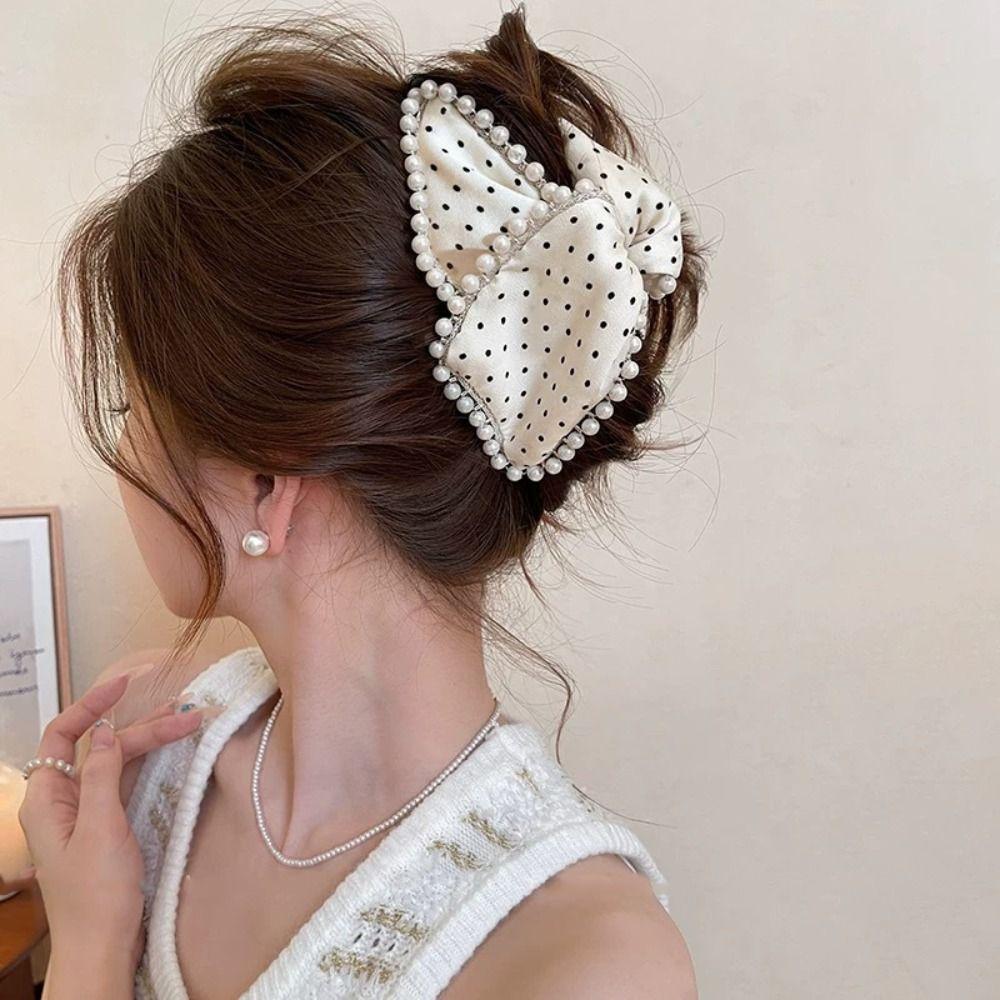 Fashion Polka Dot Cloth Triangle Hair Claw Cute Bowknot Large Shark Clip Fabric Korean Style Pearl Hairpin Daily