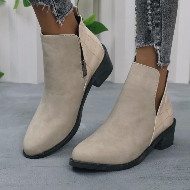 2026 New Women Women'S Fashionable and Casual Low Cut Pointed Toe Chunky Heel Zipper Short Ankle Women Boots Casual