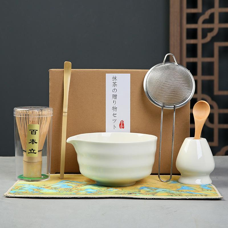 7pcs Traditional Bamboo Ceramic Japanese Matcha Tea Set with Spout Reusable Matcha Whisk Set Food Grade Safe Match Bowl Stirring
