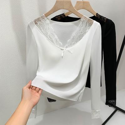 White Lace Spliced Threaded Bottoming Shirt Women's 2025 New Thin V-neck Long-sleeved T-shirt with Chest Pad and Inner Top
