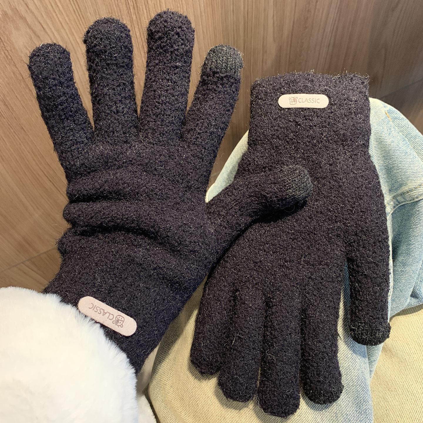 ins Knitted Finger Gloves Women s Warm Thickened Fleece Antifreeze Solid Color Gloves Students чёрный