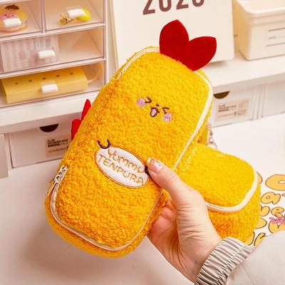 Kawaii Cartoon Pen Bag Plush Yellow Shrimp Large Capacity Pencil Case Student School Office Storage Stationery Pen Bag Kids Gift