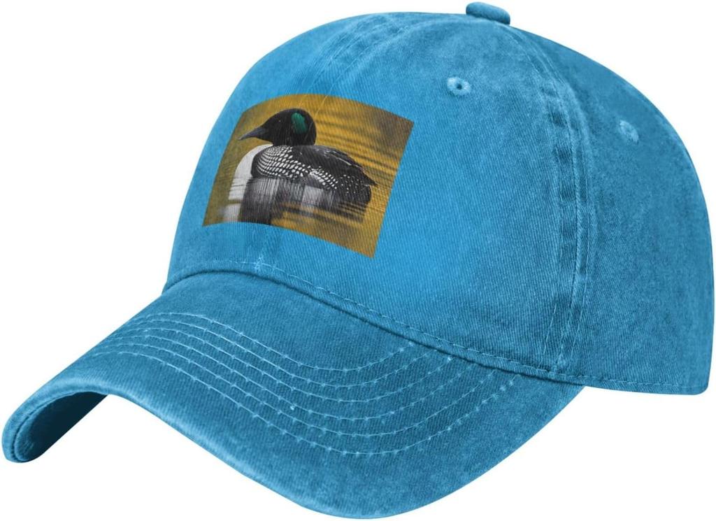 Loon Bird Print Washed Denim Baseball Cap Adjustable Cotton Sun Protection Casual Hat for Men Women