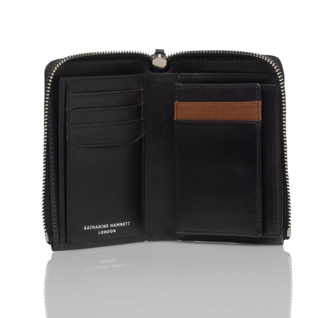 Calf (Calf) Premium Calf Leather Large Zipper Middle Wallet with Bill Compartment, Card Holder, and Coin Purse, Black, 490-50802