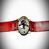 Compass Style Wristwatch with Red Leather Strap  Steampunk Antique Look