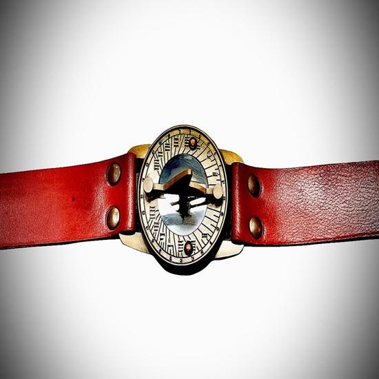 Compass Style Wristwatch with Red Leather Strap  Steampunk Antique Look