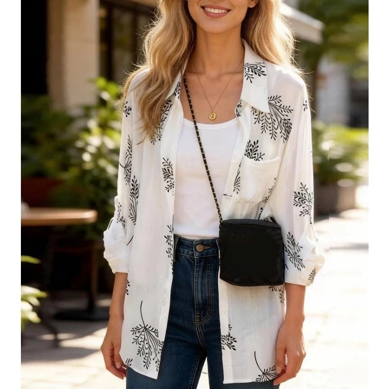 

Womens White Leaf Print Long Sleeve Shirt Casual Loose Fit Spring Summer Button Down Blouse S белый