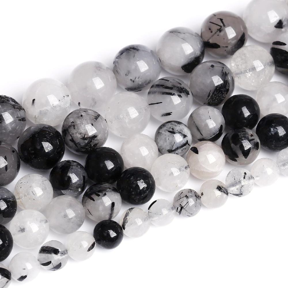 Black Rutilated Tourmaline Quartz  Stone Natural Round Beads 15"Strand Loose Spacer Beads 4/6/8/10/12mm for Jewelry Making DIY Bracelets Accessories