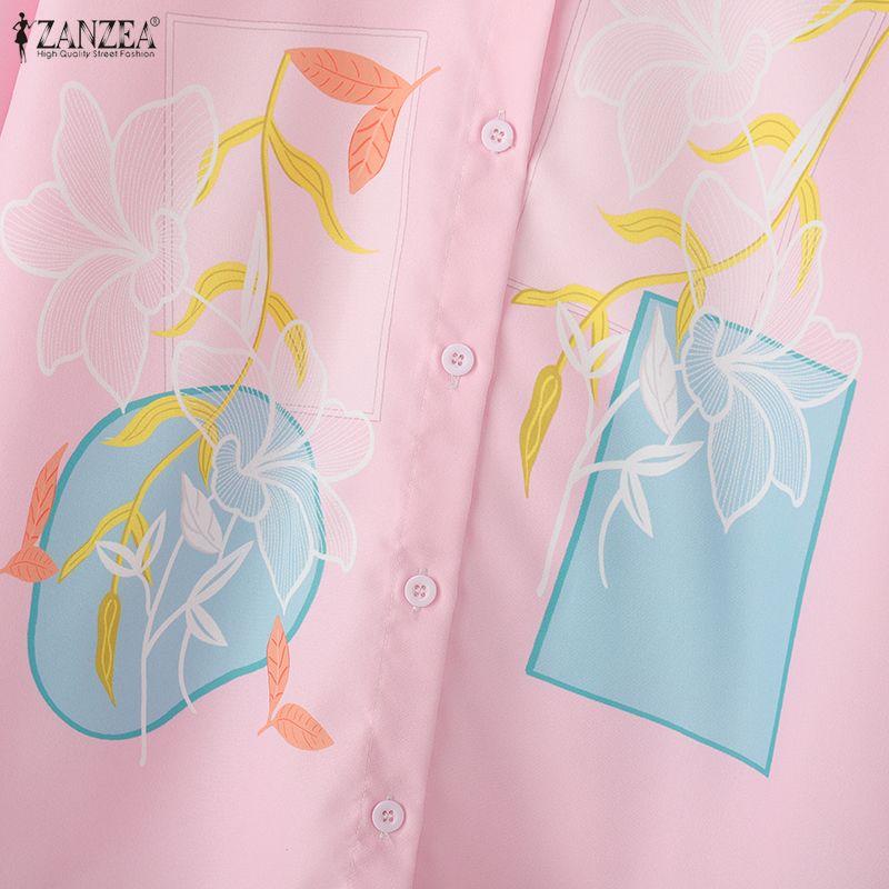 ZANZEA Damen Lässig Umlegekragen Locker 3/4 Ärmel Print Bluse