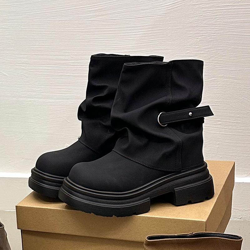Brown Platform Martin Boots Women's New Spring and Autumn Single Boots Heightened Trousers British Style Maillard Short Boots