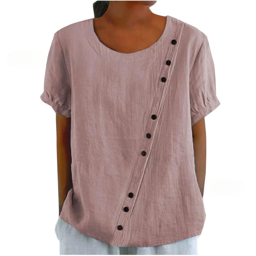 Temperament Casual Round Neck Top Cotton and Linen Button Up Women’s Blouses & Shirts