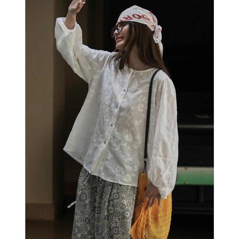 Johnature Summer Korean Embroidered Puff Sleeve Sunscreen Women Shirt Light Breathable Tops