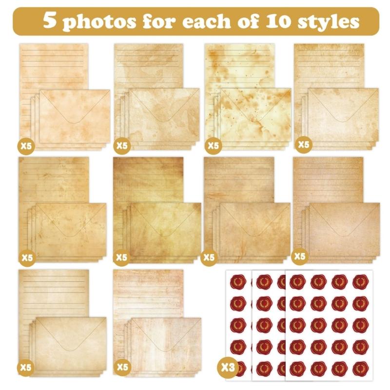 Vintage Paper Stationery Set 50 Letter Paper Lined Sheets 50 Matching Envelopes 60 Sealing Label Sticker for Wedding