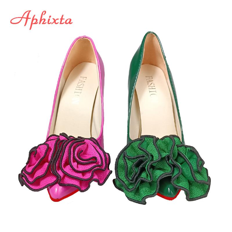 Fashion Aphixta Dark Green 12cm Stiletto Heels Women Pumps Rose Flowers Appliques Work Student Size Colorful Party Shoes Big Size 33-50