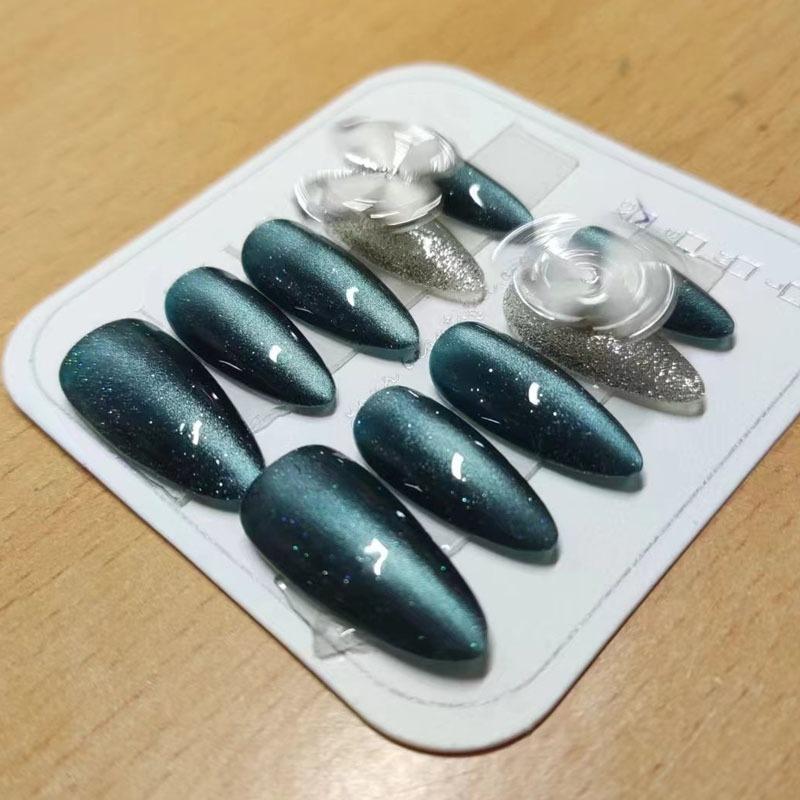Full HANDMADE Almond Shape Rotating Butterfly Nails Art Black Green Cat Eye Silvery Sparkling Dtars Simplicity Phototherapy Fake Nails Reusable