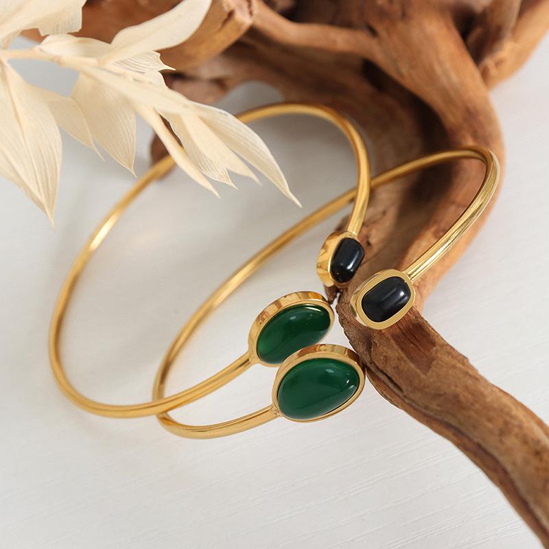 Elegant Women's Bracelets Bangles With Green Black Agate Stone 18K Gold Plated Stianless Steel Cuff Bracelet Bangle For Women