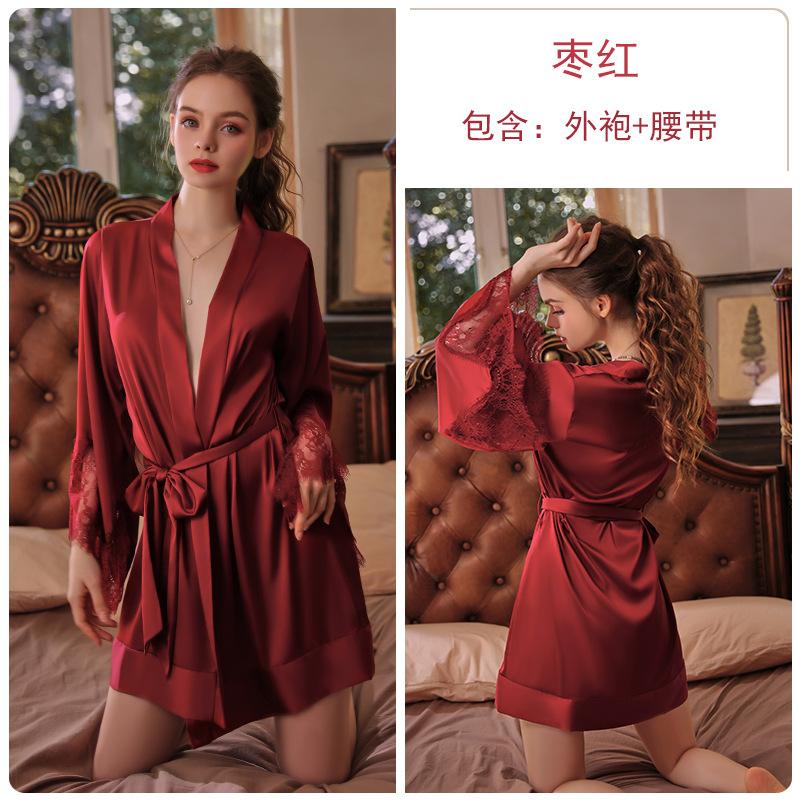 Women's Lace Cardigan Tie Sleepwear Bathrobe Lounge Set