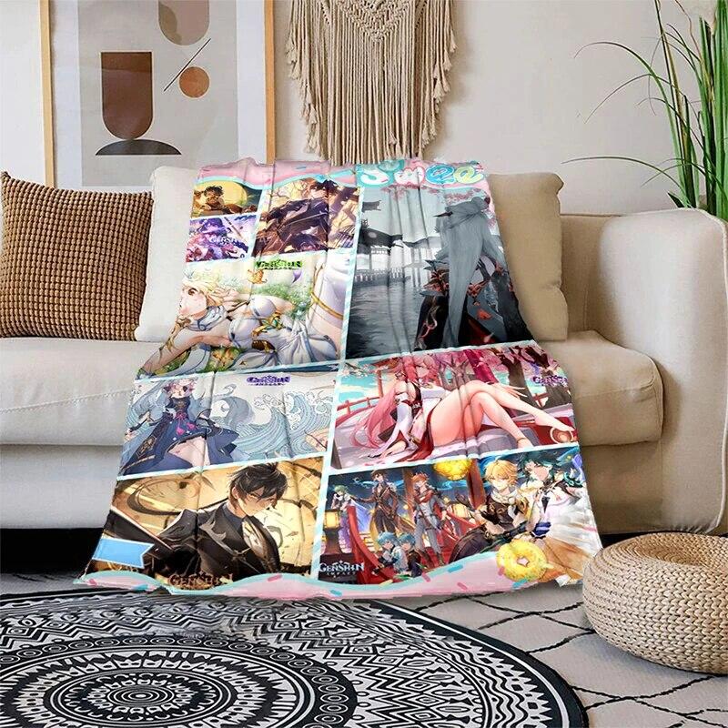 Genshin Impact Měkká plyšová rozkládací pohovka házecí kreslený moderní flanelový povlak na deku Gedruckt Bettdecke Geschenk piknikové deky