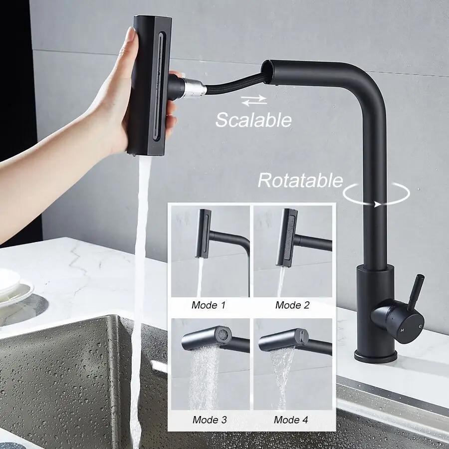 Stainless Steel Sink Vegetable Washing Basin Kitchen Faucet Pull-out Multi-functional 4 Modes Mixer Tap Kitchen Waterfall Faucet