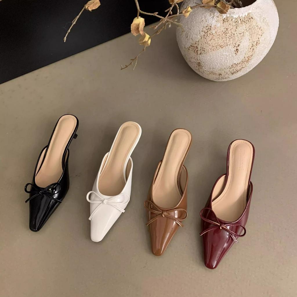 In the summer of 2025, the new bow mid-heel Muller shoes bag head half slippers women's large size high-heeled single shoes cool slippers