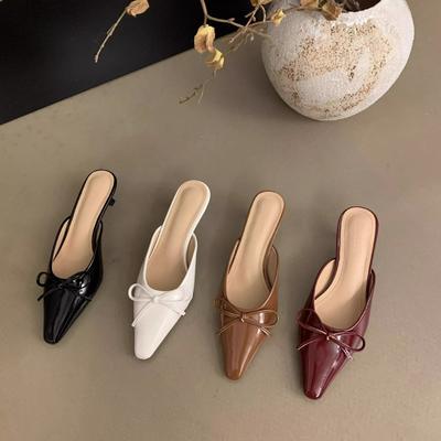 In the Summer of 2025, the New Bow Mid-heel Muller Shoes Bag Head Half Slippers Women's Large Size High-heeled Single Shoes Cool Slippers