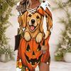 Women Criss Cross V Neck Long Sleeve Halloween Raccoon Witch Pumpkin Print Curved Hem Dress