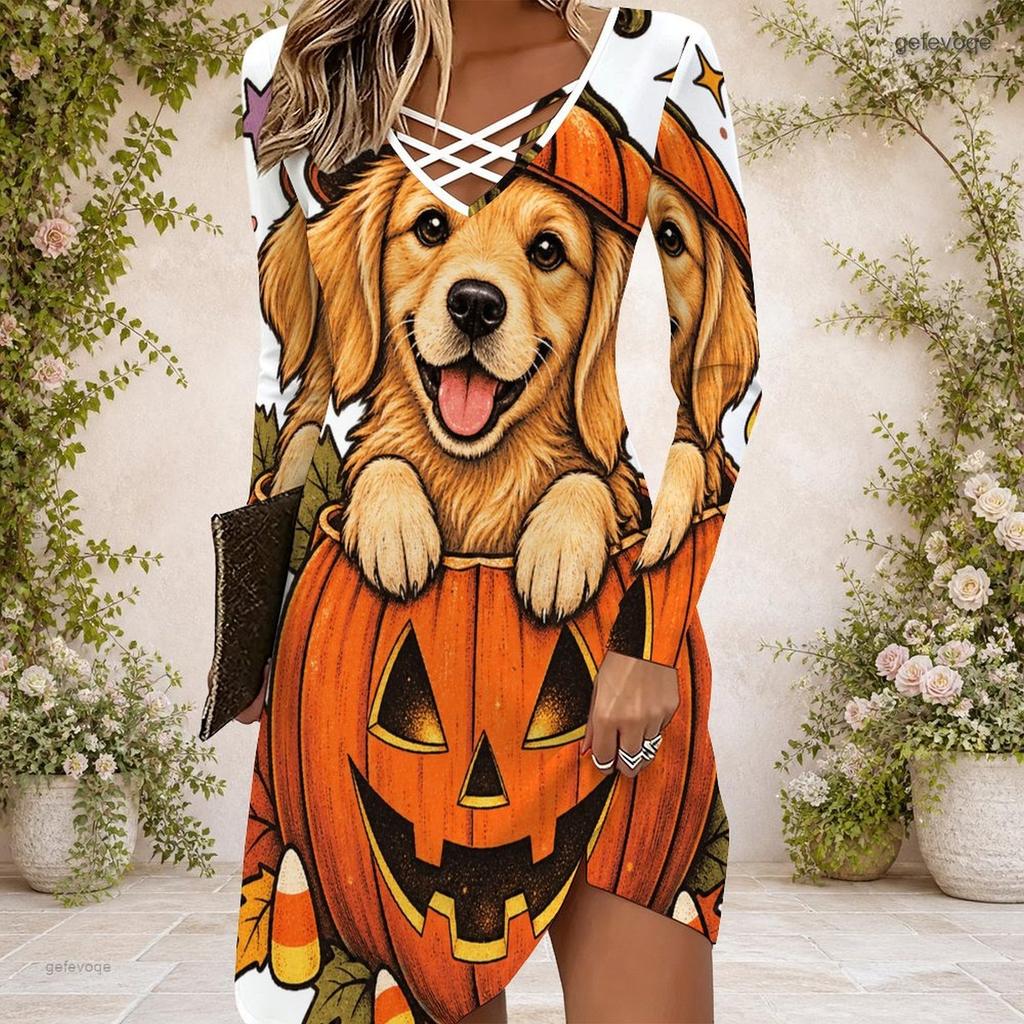 Women Criss Cross V Neck Long Sleeve Halloween Raccoon Witch Pumpkin Print Curved Hem Dress