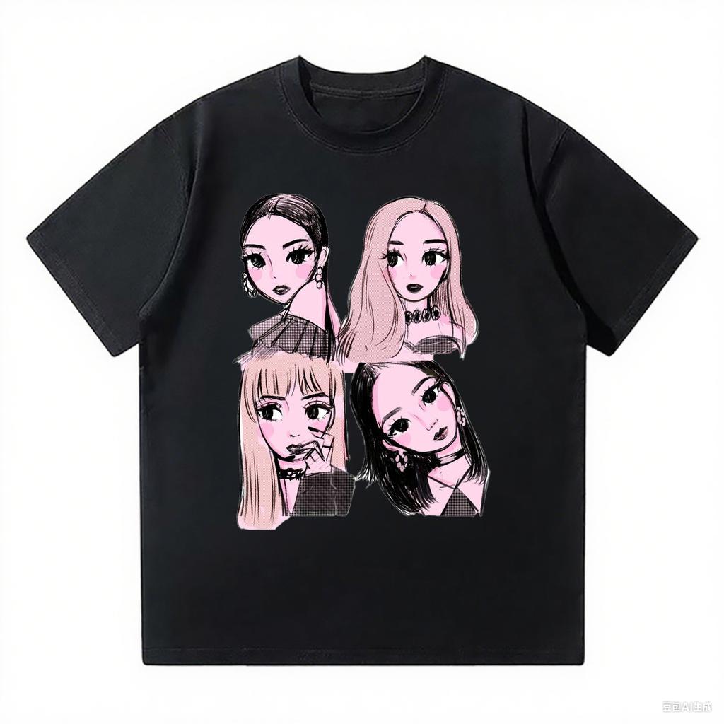 2025 New Korean Kpop BP Pink Girls Graphic Harajuku T Shirts Loose and Comfortable Heavy Cotton Tee Women's Fashion Casual Top