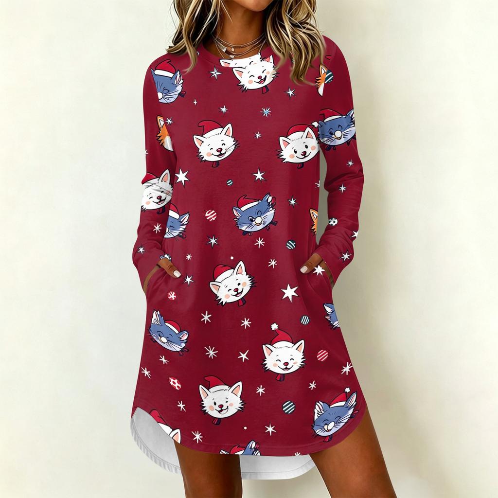 Women's Casual Long Sleeve Christmas Print Neck Dress – Festive Holiday Party Outfit