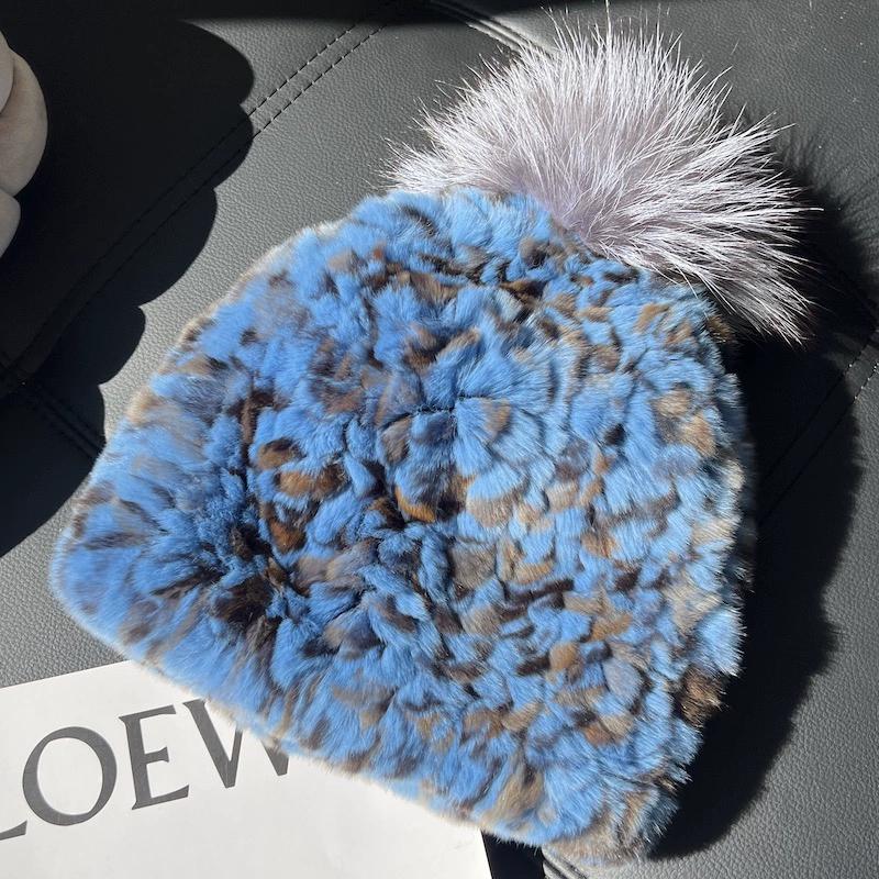 Retro Leopard Print Real Rabbit Hair Hat Women's Autumn and Winter Korean Version Warm Windproof Ear Protection Hat Hairball Knitted Hat Headgear