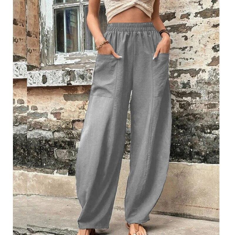 Pantaloni Dritti Casual Monocolore con Elastico in Vita e Tasche da Donna Moda Estiva Larghi Pantaloni da Donna Pantalon