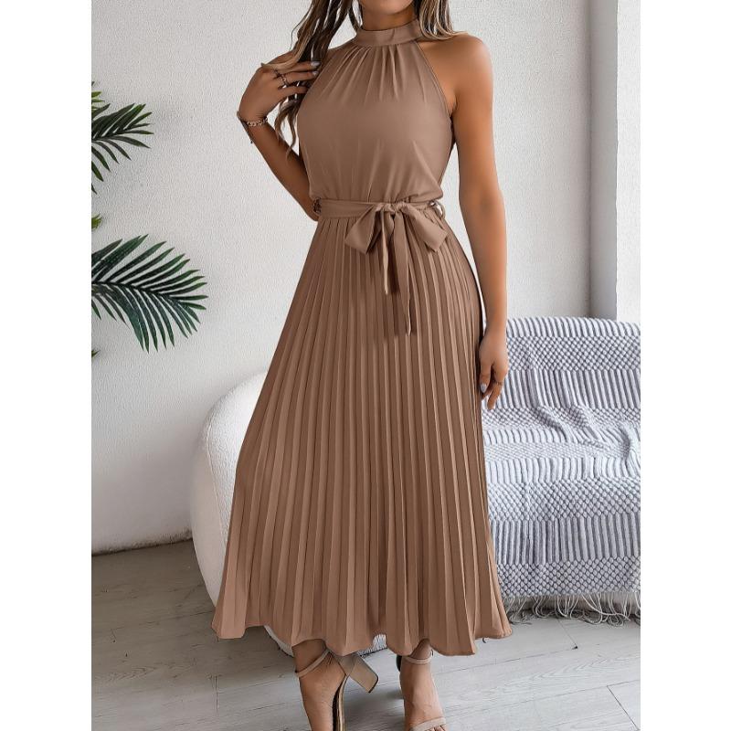 Sleeveless Summer Pleated A-line Dress Casual Solid Color Loose Party Lace-up Elegant Dresses Fashion Midi Sweet Stand Collar Holiday Clothing
