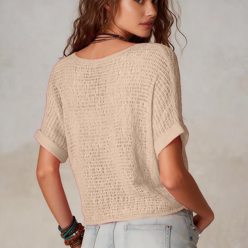 Damen Kurzarm Stricktop Leichter Sommerpullover Ausgestanzt Strand-Cover-Up Lockerer Pullover