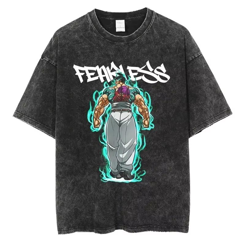 Summer Washed Black Loose Anime Printed Men s T-shirt Japanese Style Stand Collar Short Sleeve Polyester Blend T-shirt S