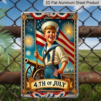 2D Flat Retro 4th of July Tin Sign - Rustic Aluminium Wall Decor with Patriotic Sailor Boy & Fireworks, Vintage American Flag Design - Perfect for