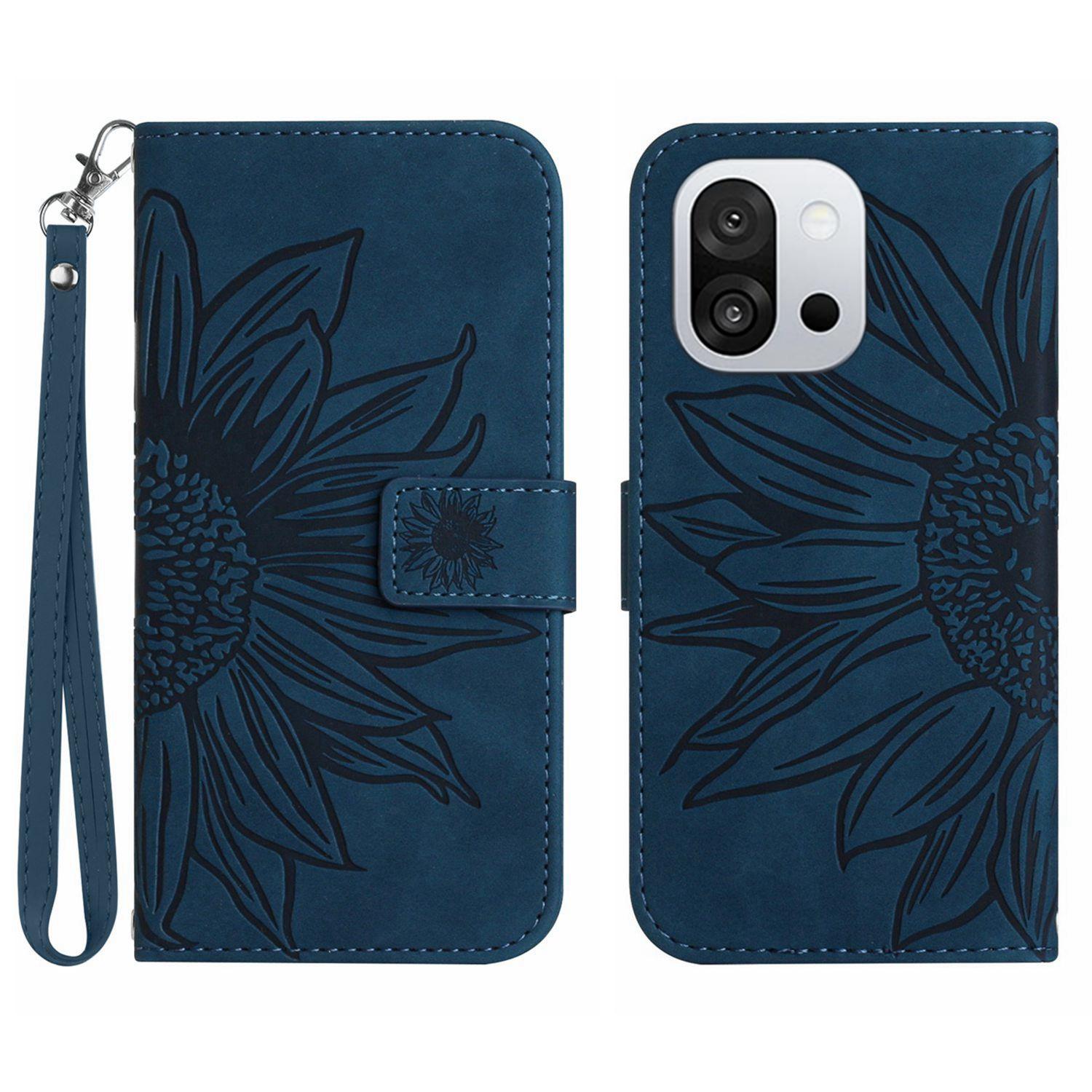 

For OnePlus 13T 5G Case Sunflower Imprint Leather Wallet Phone Cover with Wrist Strap Dark Blue