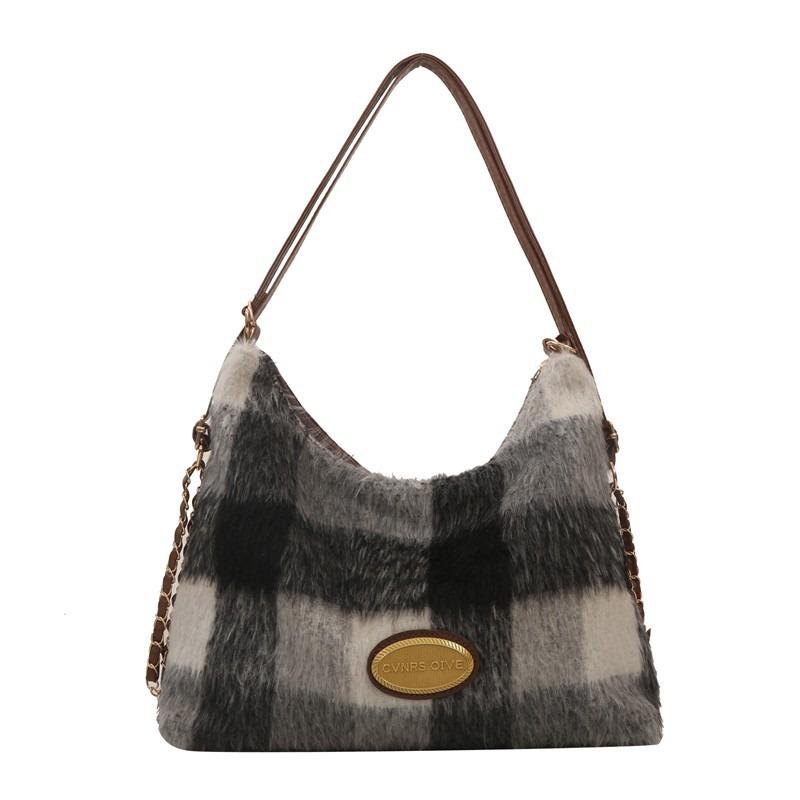 Woolen Women's Bags, New Shoulder Bags, Fashionable Plaid Handbags, Sweet Bags.
