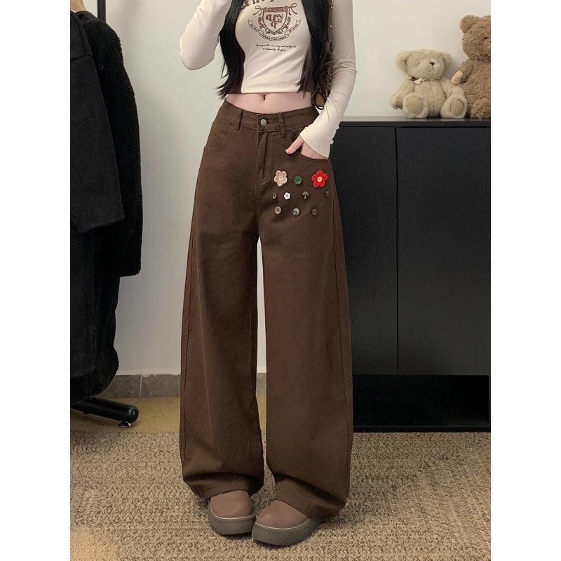 

Women s Retro Brown Floral Button Straight Leg Jeans - Spring/Autumn Loose Wide-Leg Casual Pants Small кавовий