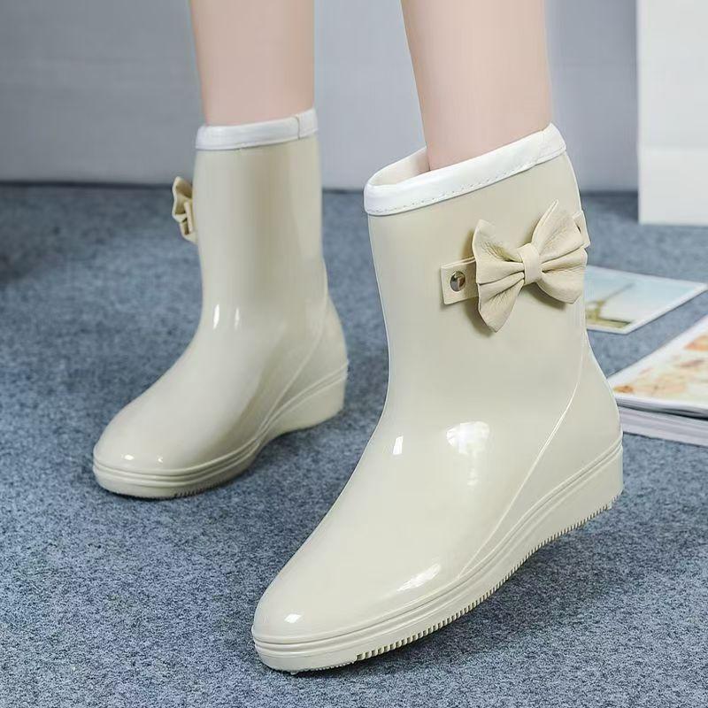 Woman New Flat Sole High Top Bow Rain Boots Thick Sole Non Slip Round Toe Waterproof Fashionable Water Shoes Work Shoes