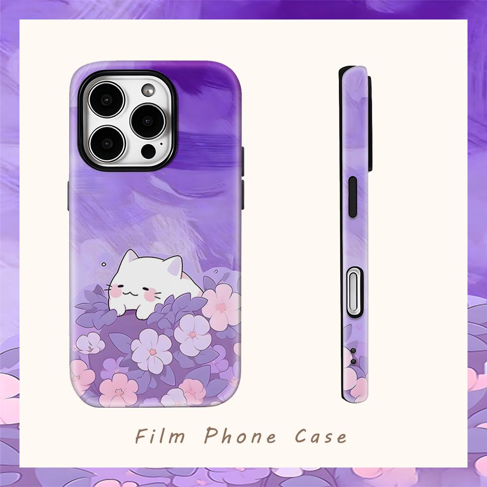 Purple Floral Kitten Phone Case for IPhone 17AIR 16E 16 15 14 13 12 11 17 Pro Max Plus Double-layer Back Cover