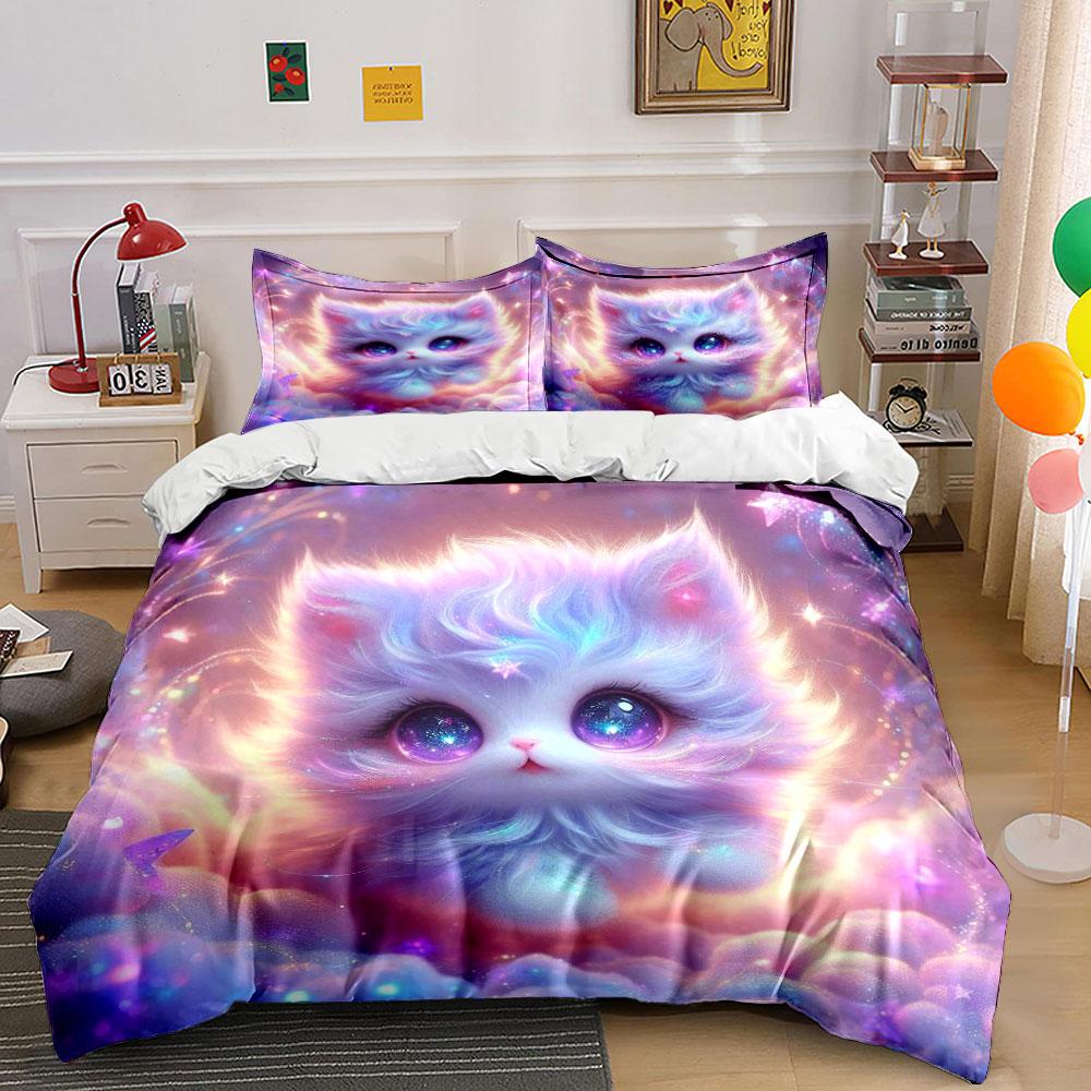 Dreamy Starry Sky Cute Cat Duvet Cover Set With 3D Printing Design Soft Polyester Bedding Set All-Season Comfort For Gifts