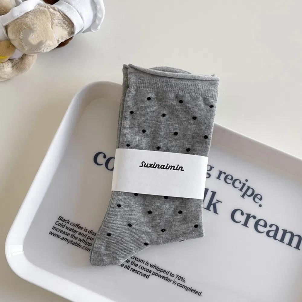

Sweat Absorbent Polka Dot Socks Curled-edge Women s Socks Soft Mid-Tube Socks Summer темно серый