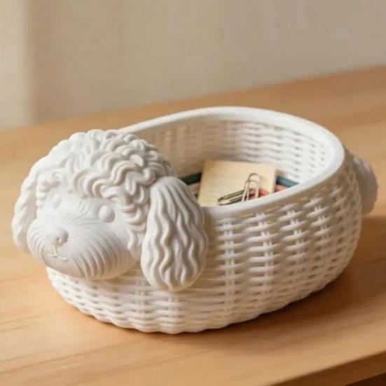 Paper Clip Storage Box Poodle Shaped Organizer, 3D Print Decorative Ornament, Plastic Novelty Desk Decoration White Container for Small Objects