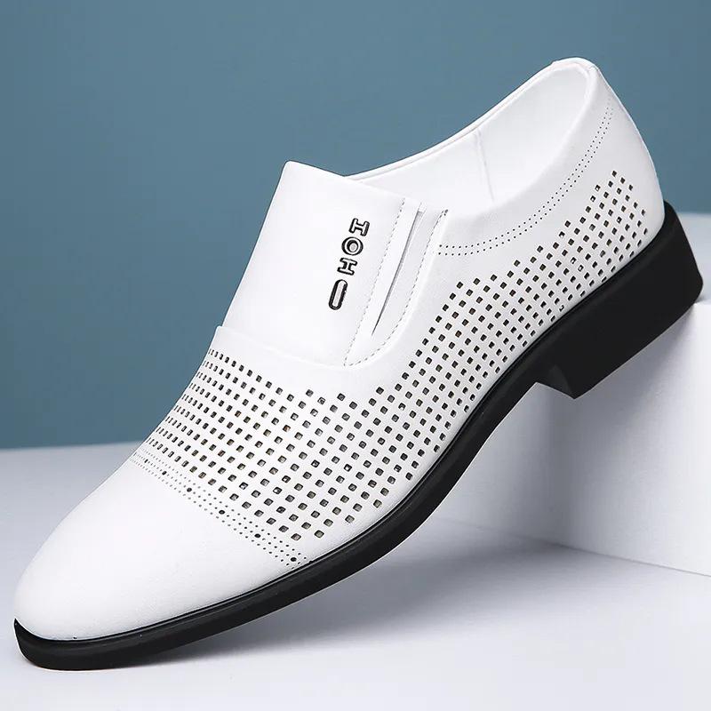 White punched breathable business leather shoes men's summer hollowed-out leather casual leather shoes one-pedal versatile trendy shoes men