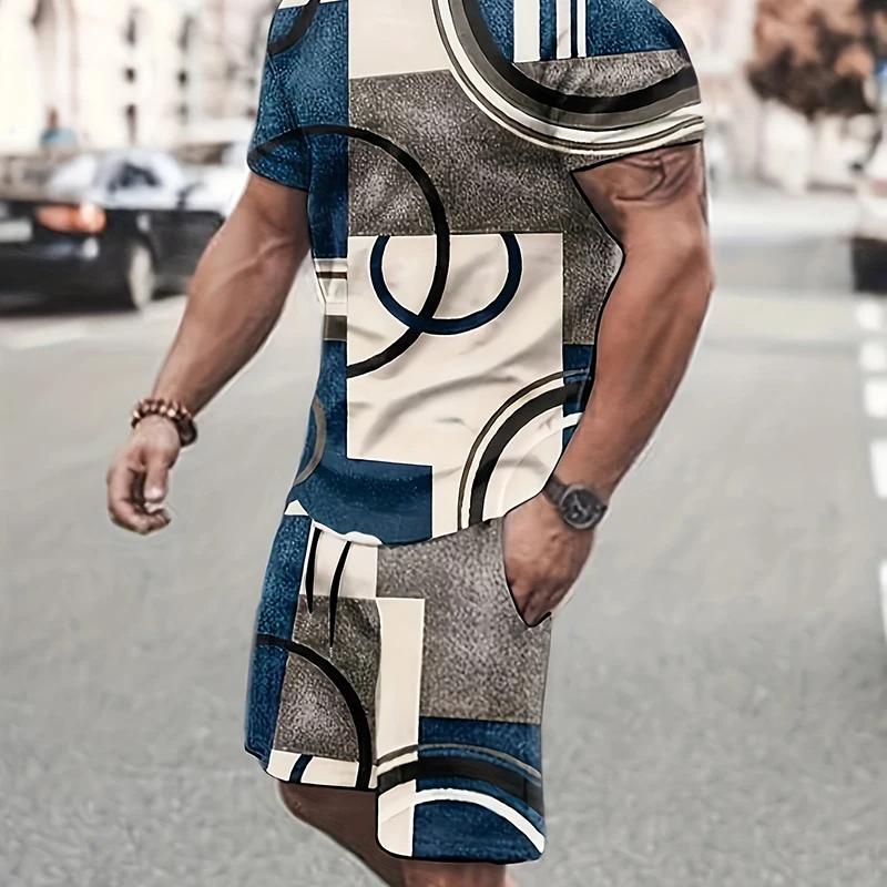 Men's 3D Printed Casual Sports Fashion Set, Breathable and Refreshing Running and Fitness Shorts, Oversized Y2K Style Street Wear, Summer