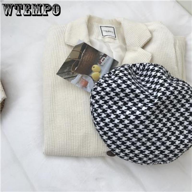 Autumn Winter Houndstooth Beret Hats for Ladies Casual British Flat Top Hat Elegant Wool Without Eaves Painter Hats