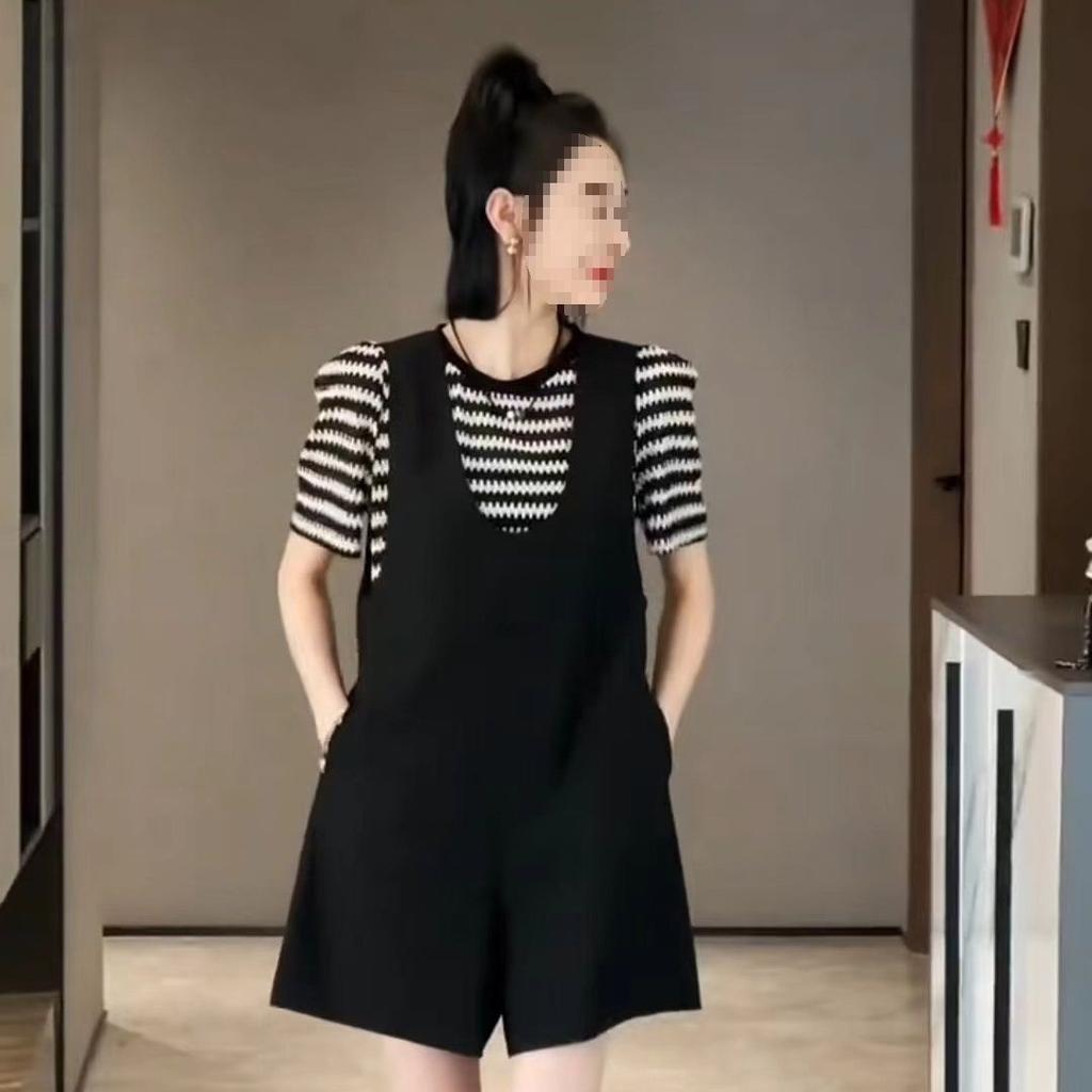 Summer Striped Short-sleeved Fashionable Plus-size Set - Women's Stylish Backless Backless Pants and Shorts Set